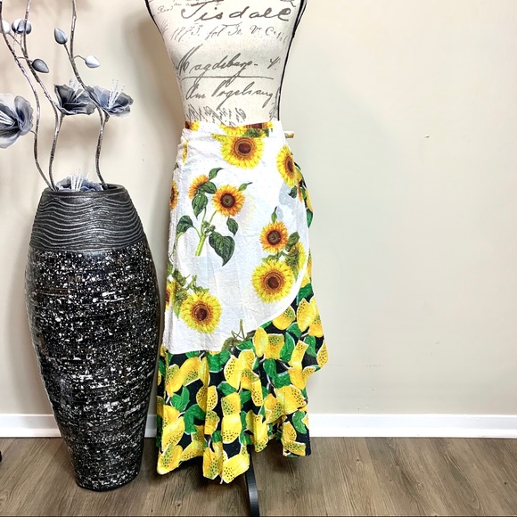 Farm Rio Mixed Print Sunflower Linen Wrap Skirt - Picture 4 of 6